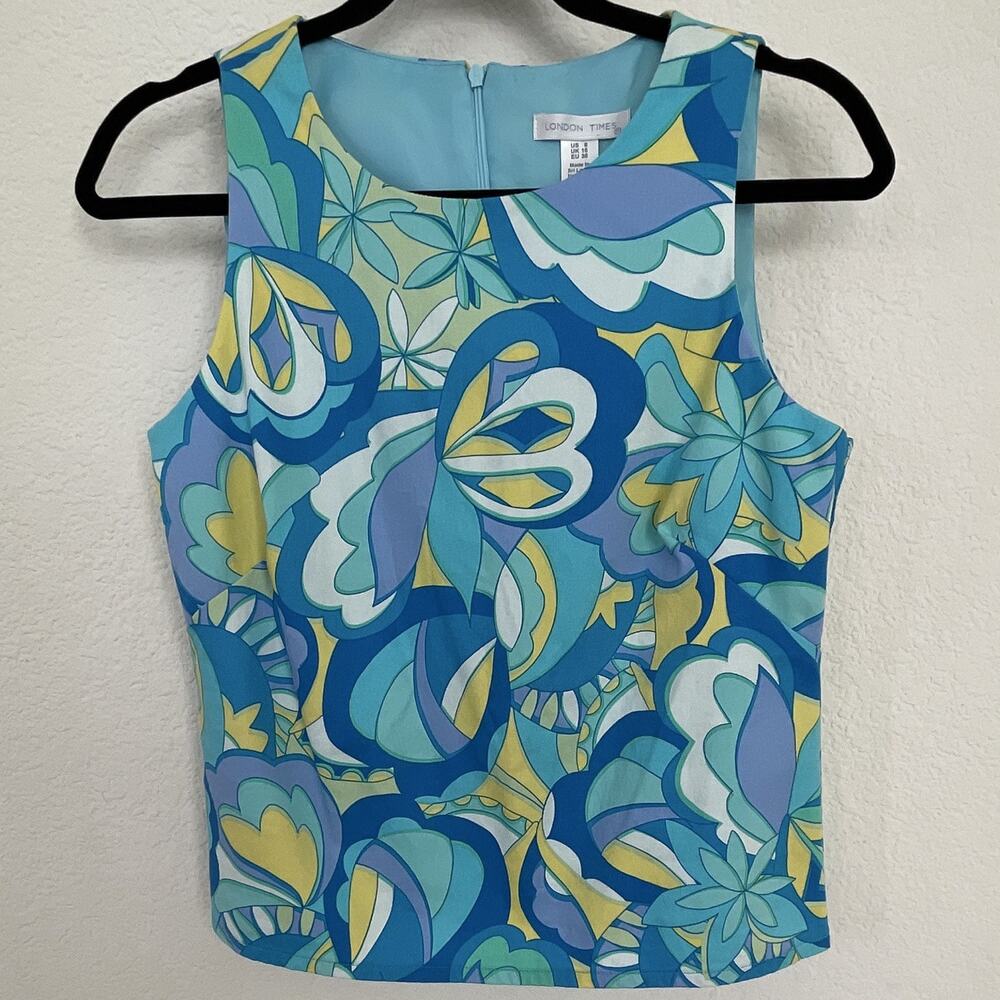 London Times Womens 6 Floral Tank Top Blue Green Yellow Round Neck Zip Back